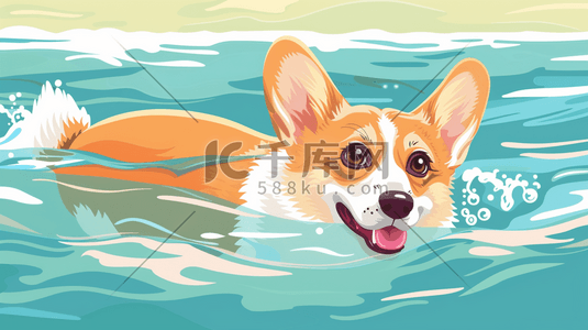 水里的水产插画图片_水里游泳的柯基犬插画