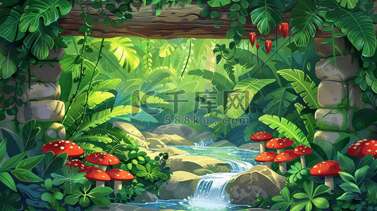 木头鸟笼插画图片_夏季丛林中的小溪流插画