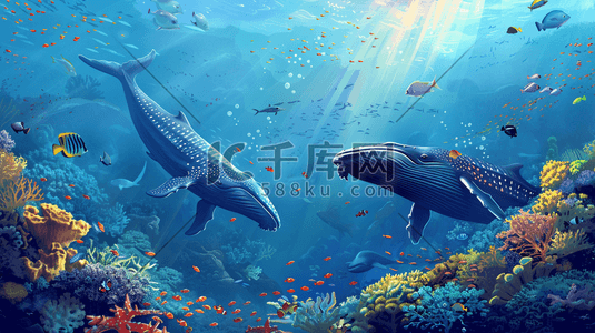 海洋生物边框插画图片_深海海底海洋生物鲨鱼的插画