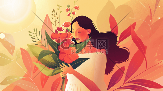 妇女幼儿插画图片_手捧着一束鲜花的妇女插画