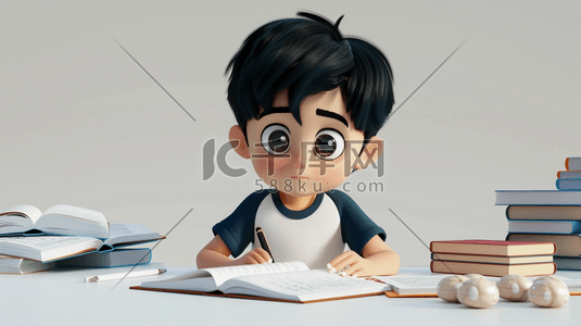 笔记笔记插画图片_3D书桌前写功课的男孩插画