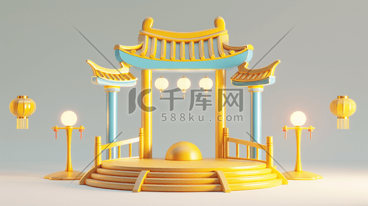 中式红蓝插画图片_C4D蓝黄色中式古建筑牌楼插画