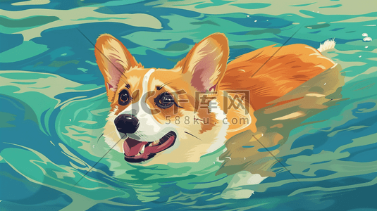 水里游泳的柯基犬插画