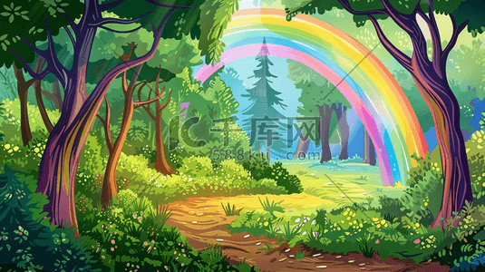 幸运抽奖箱插画图片_夏天森林草地上的七色彩虹插画