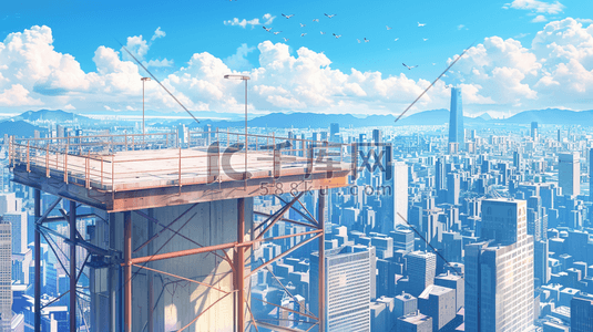平台项目插画图片_繁华的城市的高楼大平台插画