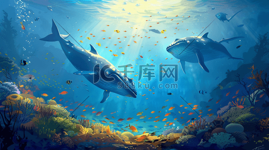 深海干贝插画图片_深海海底海洋生物鲨鱼的插画