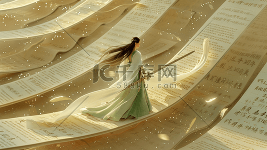 一个女的握着茶杯插画图片_一个走在书卷上的古代女子插画