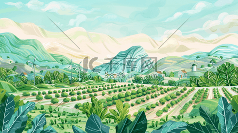 山区里的房屋和种植蔬菜的梯田插画