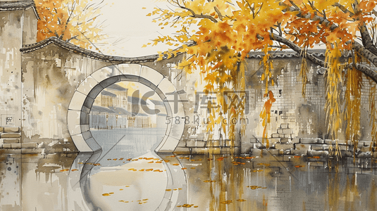秋天树叶泛黄的古镇风光插画