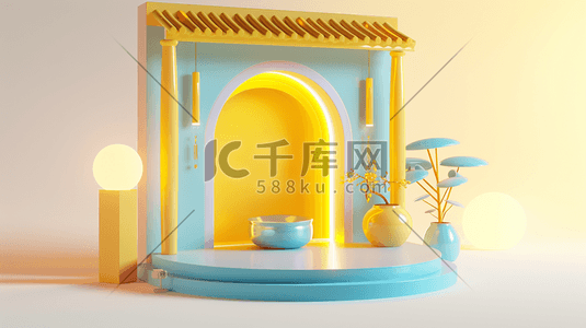 c4d珊瑚红立体插画图片_C4D蓝黄色中式古建筑牌楼插画