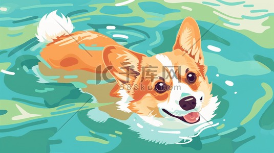 水里游泳的柯基犬插画