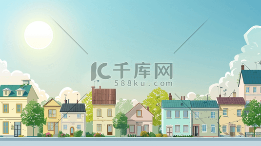 彩色水饺插画图片_城镇道路边的彩色房屋插画