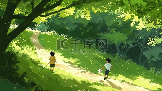 看董足球插画图片_夏日森林草地上踢足球的两个小男孩插画
