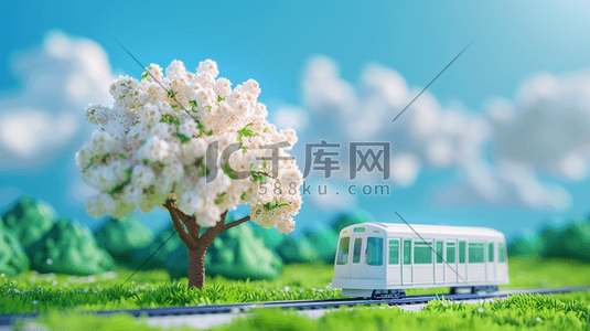 清新唯美2.5D树木火车行驶的插画