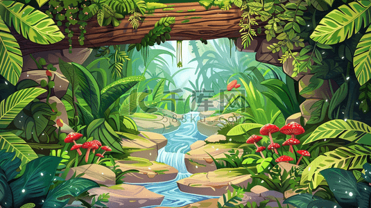 丛林溪水插画图片_夏季丛林中的小溪流插画