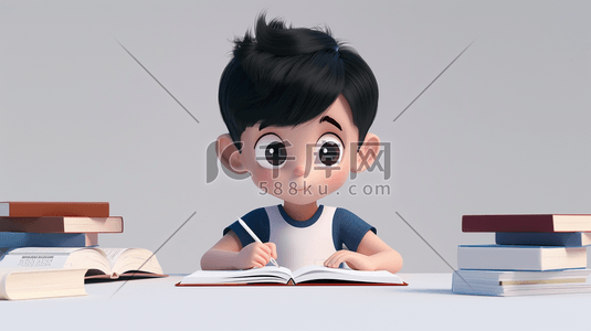 3D书桌前写功课的男孩插画