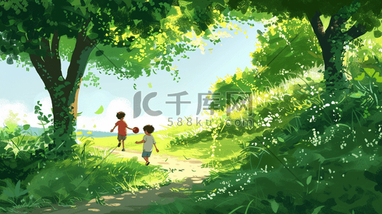足球小报插画图片_夏日森林草地上踢足球的两个小男孩插画