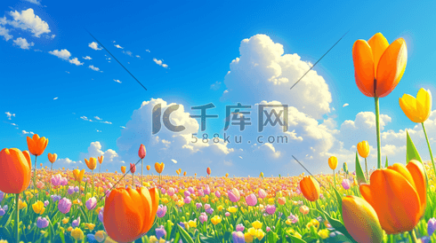 阳光下花朵花丛花束景色的背景插画海报