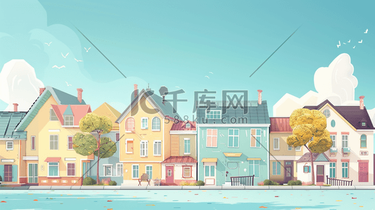 城镇道路边的彩色房屋插画