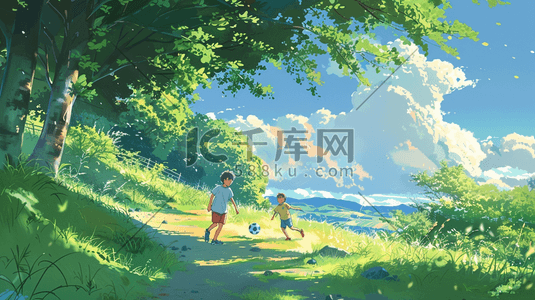 足球生日插画图片_夏日森林草地上踢足球的两个小男孩插画