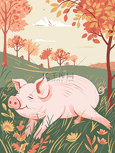 母猪插画图片_一只可爱的粉色猪猪插画
