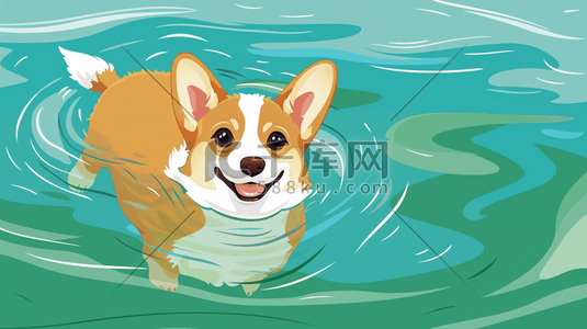动物喝水的卡通插画图片_水里游泳的柯基犬插画