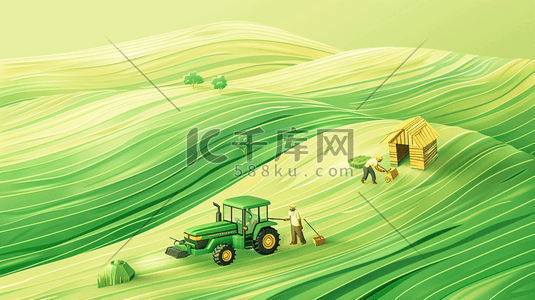 农业机械化插画图片_田野里开农用机工作的农民插画