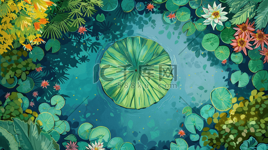 荷塘水面上的一片绿色的荷叶插画