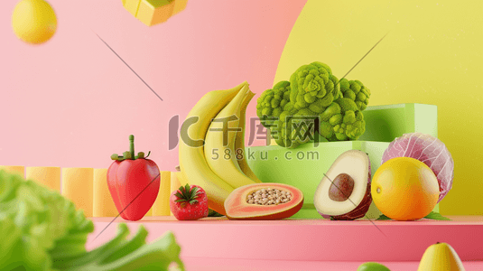 粉红斜条纹插画图片_粉红底色上的夏日新鲜蔬果插画