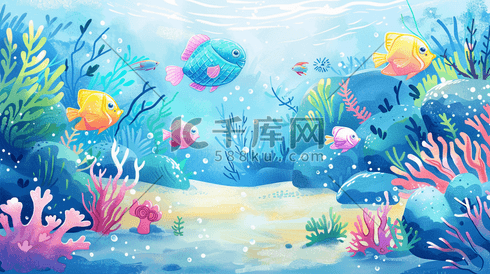 绘画海底世界水草海藻小鱼的插画