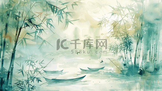 中式国画艺术风格竹林小船的插画