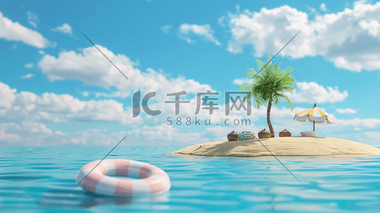清新清澈海里岛屿树木泳圈的插画
