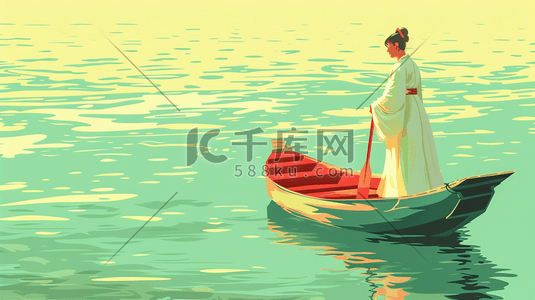 小小船插画图片_湖面小船上的古代男子插画
