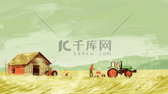 农业机械化插画图片_田野里开农用机工作的农民插画
