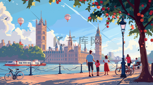 河边观看伦敦塔的一家人插画