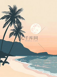 夏天大海沙滩插画图片_夏天滨海沙滩度假插画海报