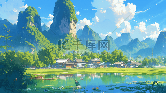 美丽山村山水风景优美的插画