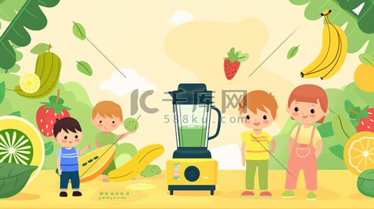 破壁料理机插画图片_夏日孩子用榨汁机鲜榨果汁插画