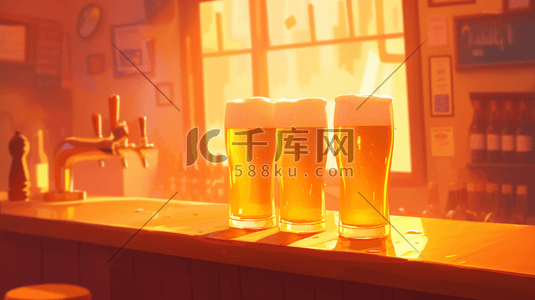 啤酒佐餐插画图片_室内酒吧桌面上啤酒的插画