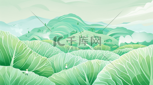 绿色有机农产品插画图片_白菜叶叠起的青山插画