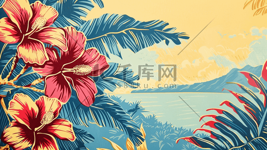 华美胜地插画图片_夏日海湾沙滩上的丛林和鲜花插画