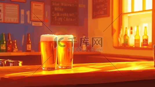 啤酒佐餐插画图片_室内酒吧桌面上啤酒的插画