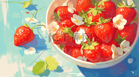 红色吉祥印章插画图片_绘画红色水果草莓树叶的插画