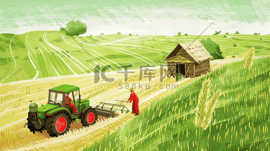 农用工具插画图片_田野里开农用机工作的农民插画