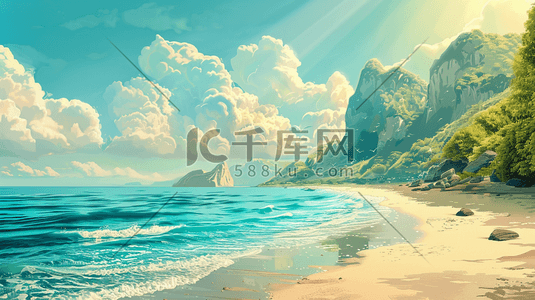 绘画户外蓝天白云下海边沙滩浪花的插画