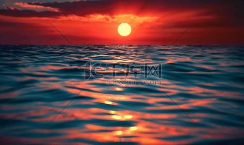 日出红色插画图片_海洋中平静的红色日落