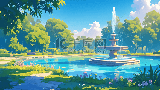 夏季蓝天白云下景区公园喷泉的插画