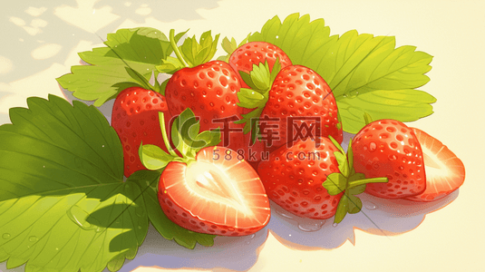 没有草莓籽的草莓插画图片_绘画红色水果草莓树叶的插画