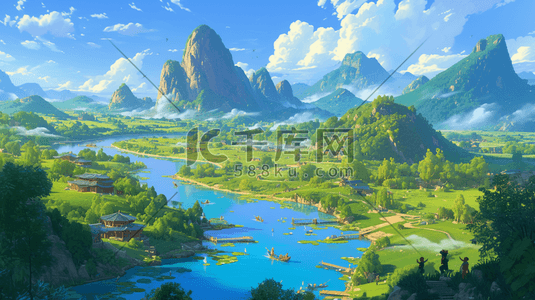 西双版纳风景插画图片_优美自然风景景区山河岩石风光的插画