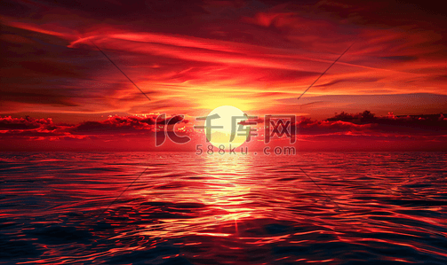 日出红色插画图片_海洋中平静的红色日落
